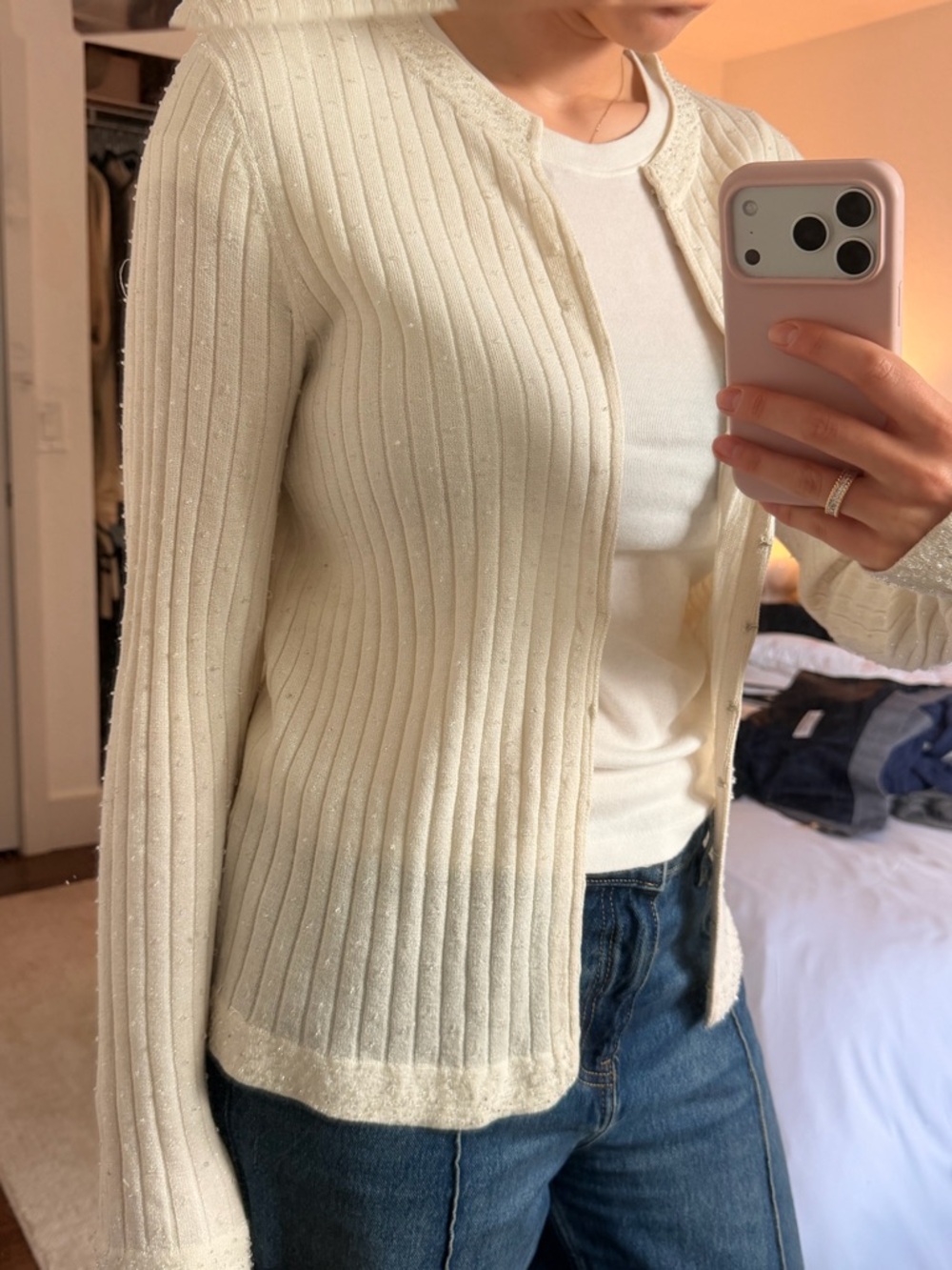 Women's Cream Ribbed Button-Front Sweater Cardigan
